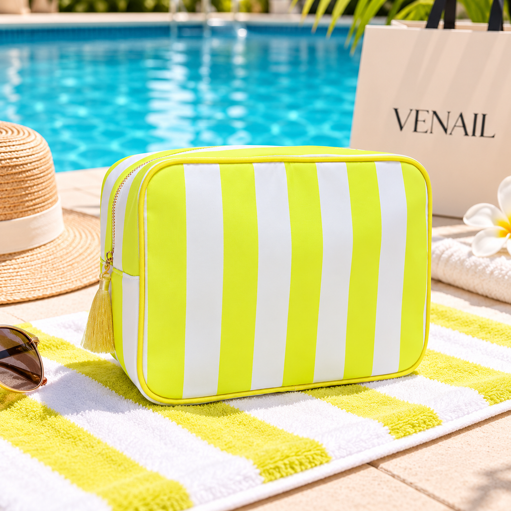 No MOQ XL Makeup Bag with Tassel Zipper Puller Women Wedding Gift Striped Toiletry Bag Nylon Cosmetic Bags Girls Pouch Organizer
