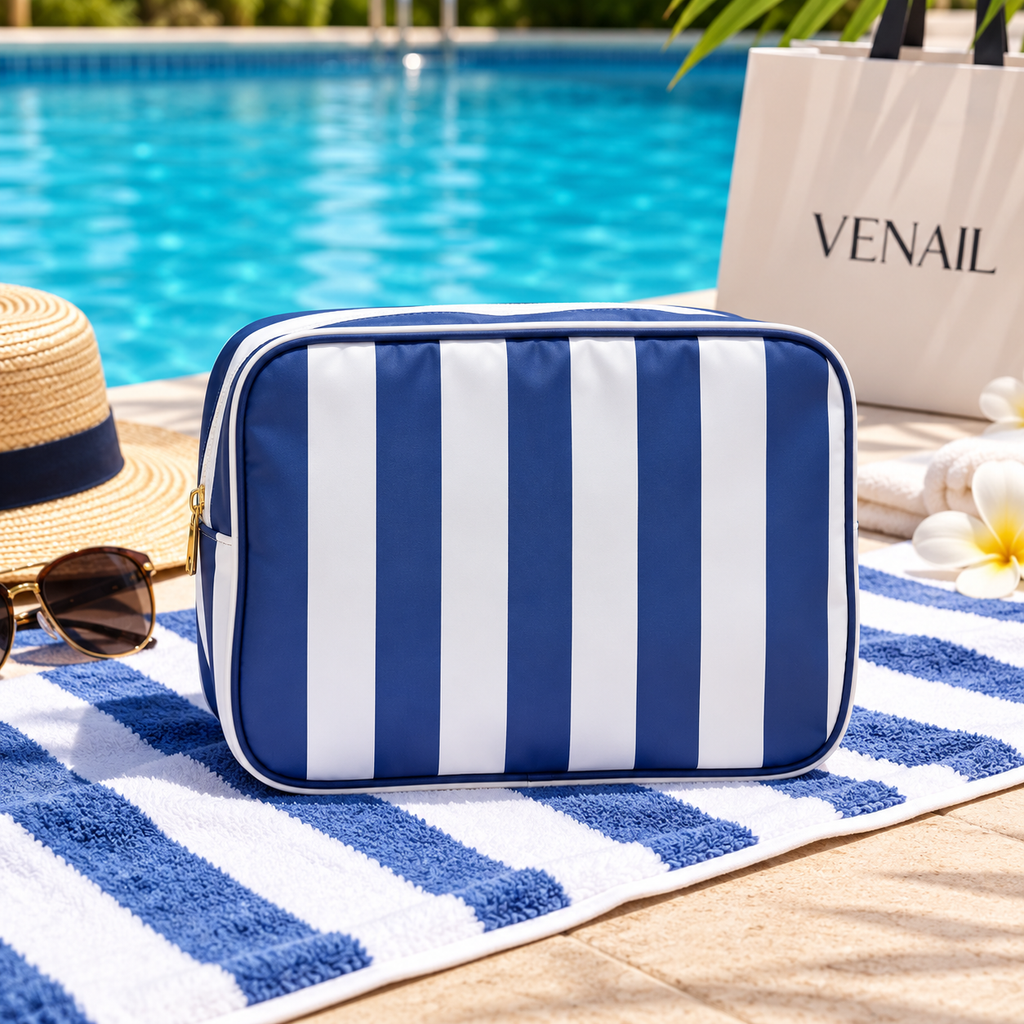 No MOQ XL Makeup Bag with Tassel Zipper Puller Women Wedding Gift Striped Toiletry Bag Nylon Cosmetic Bags Girls Pouch Organizer