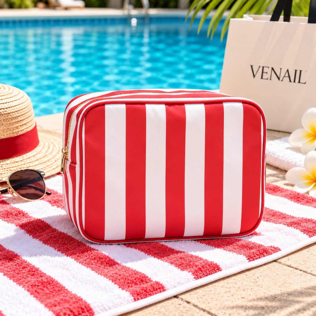 No MOQ XL Makeup Bag with Tassel Zipper Puller Women Wedding Gift Striped Toiletry Bag Nylon Cosmetic Bags Girls Pouch Organizer