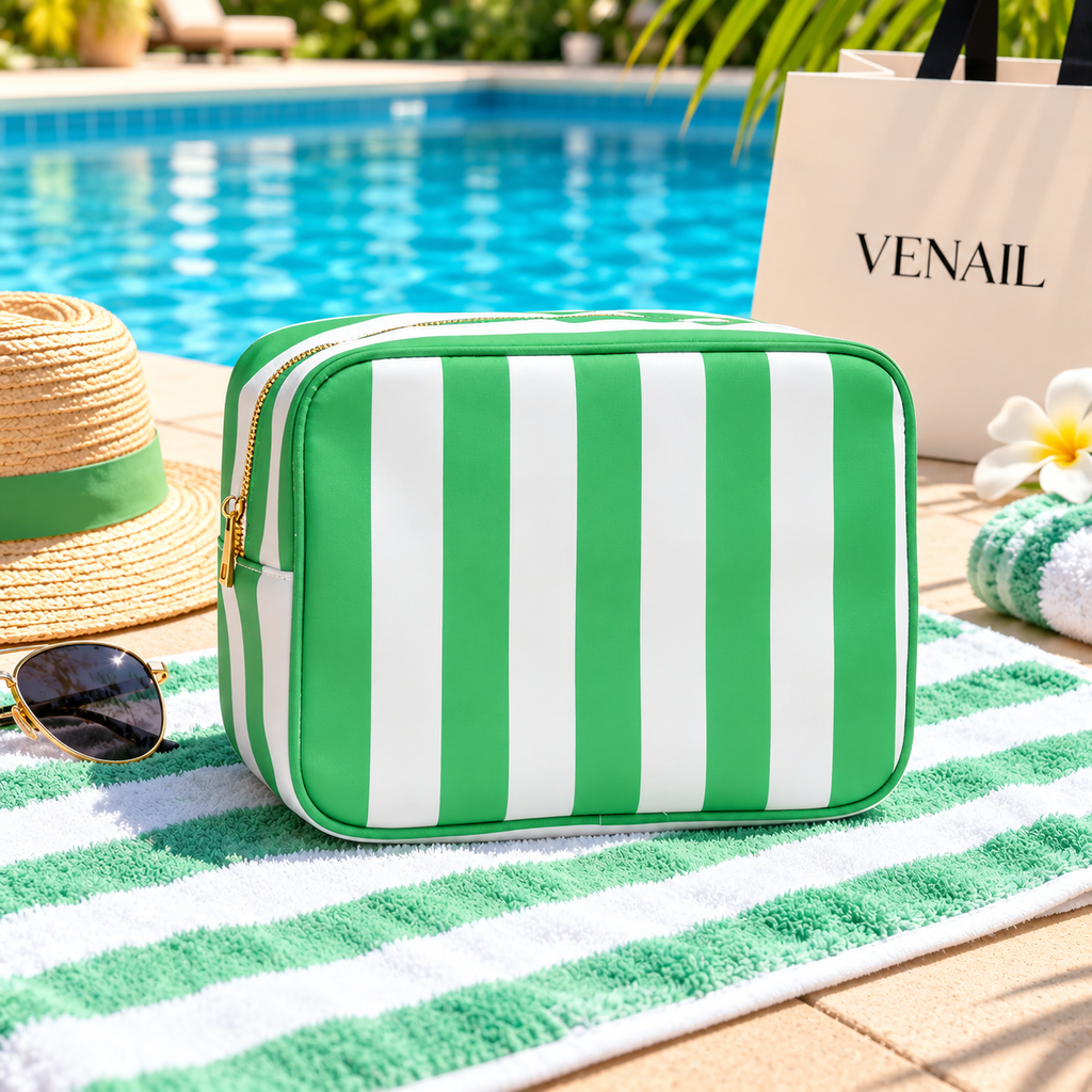 No MOQ XL Makeup Bag with Tassel Zipper Puller Women Wedding Gift Striped Toiletry Bag Nylon Cosmetic Bags Girls Pouch Organizer