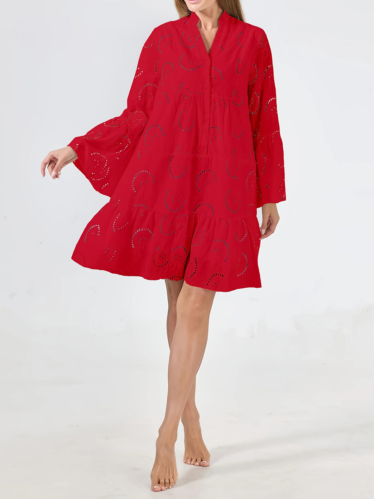 Women's Flare Sleeve V-Neck A-Line Casual Natural Spring Breathable Tunic Dress