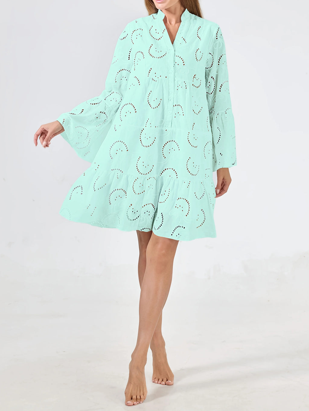 Women's Flare Sleeve V-Neck A-Line Casual Natural Spring Breathable Tunic Dress