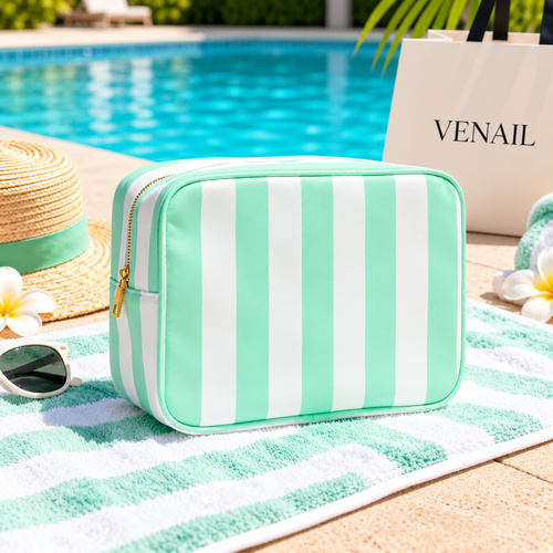No MOQ XL Makeup Bag with Tassel Zipper Puller Women Wedding Gift Striped Toiletry Bag Nylon Cosmetic Bags Girls Pouch Organizer