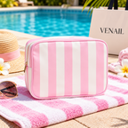 No MOQ XL Makeup Bag with Tassel Zipper Puller Women Wedding Gift Striped Toiletry Bag Nylon Cosmetic Bags Girls Pouch Organizer